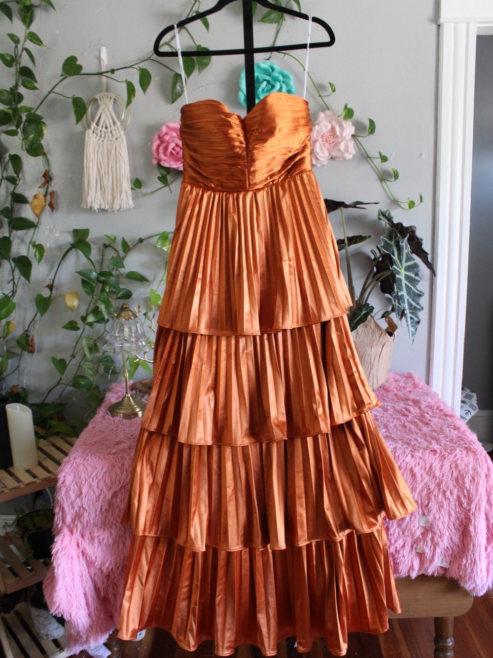Strapless Tiered Satin Evening Gown in Copper - Picture 7 of 9